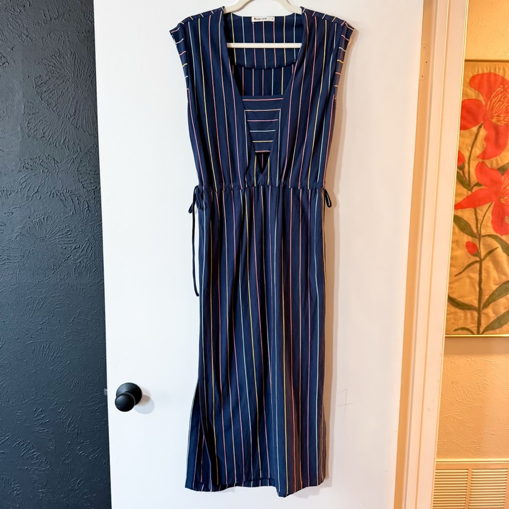 Marine Layer Roxanne Dress Navy Rainbow Stripe Size Small - Picture 2 of 6
